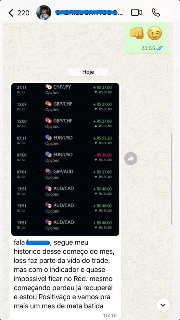 Print de conversa mostrando operação em andamento e resultado positivo